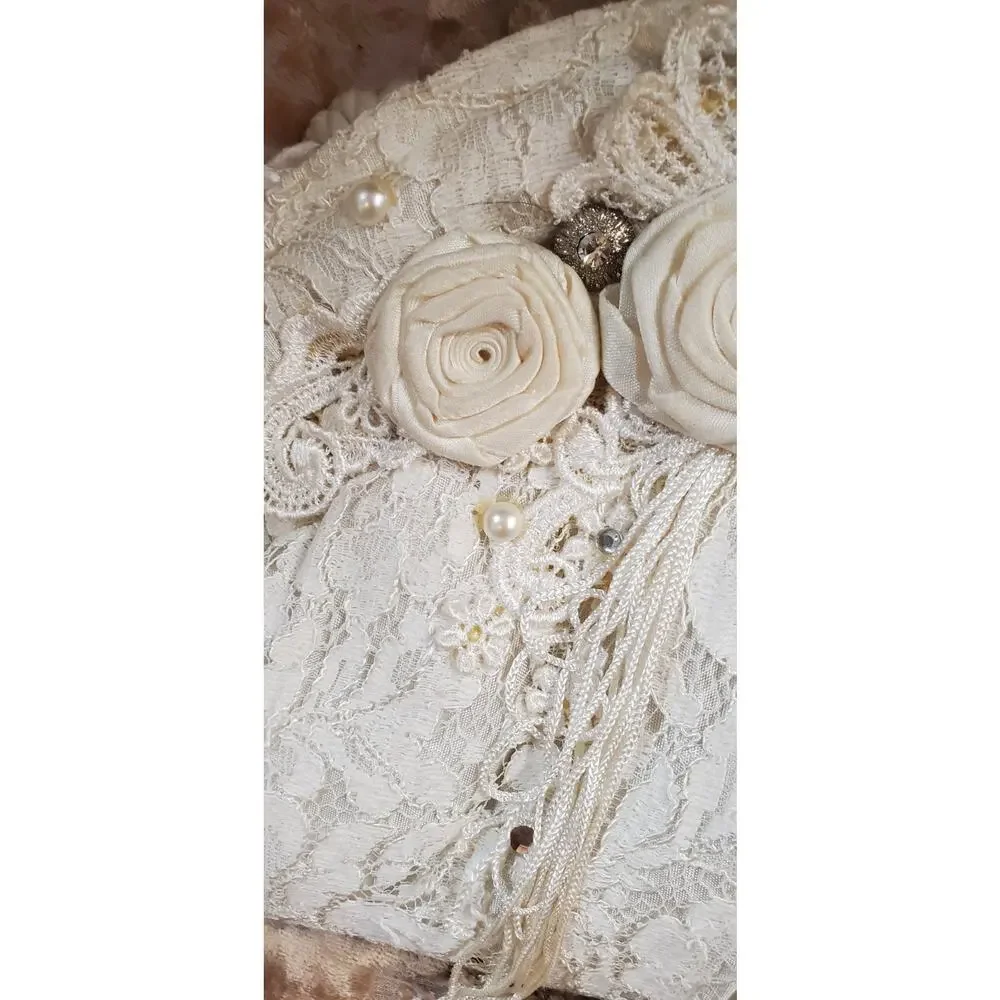 Vintage 80s Marie Palmese Lace Floral Satin Rhinestone Bag Cream Dressy Bridal